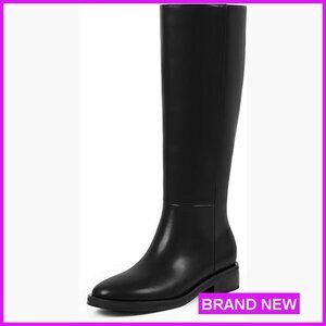 Knee High Boots Round Toe Chunky Low Flat Heel Side Zipper Classic Tall Boots